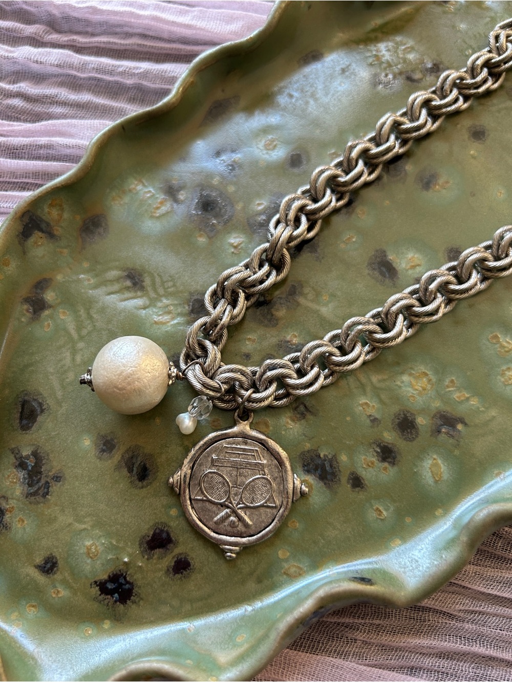 Rare Vinatge Susan Shaw Silver Tennis Charm Necklace W Cotton Pearl